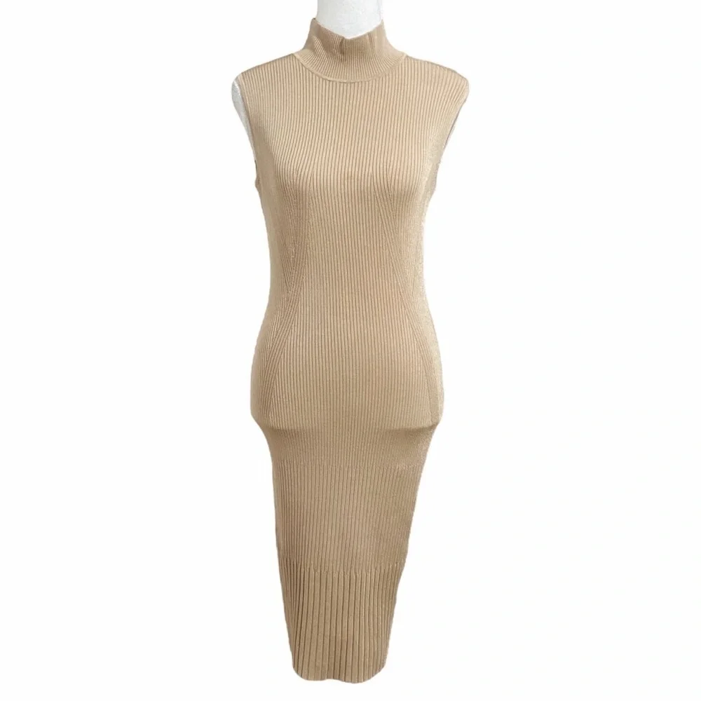 Marciano CAMEL TAN RIBBED STRETCH MOCK NECK SLEEVELESS BODYCON DRESS - Picture 2 of 10